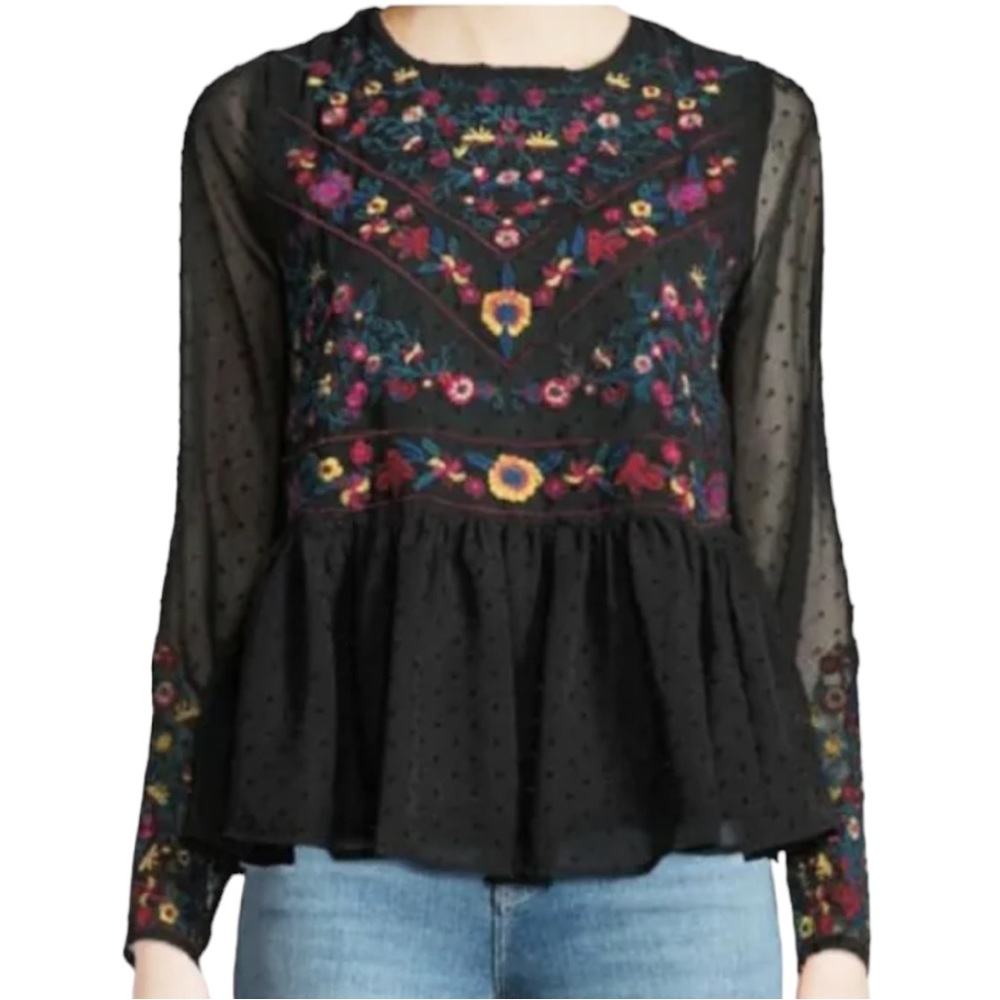 Black Embroidered Peplum Blouse with Sheer Sleeves - Picture 9 of 9